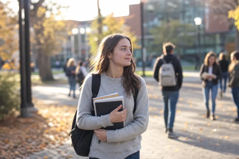 Une étudiante traverse un campus universitaire